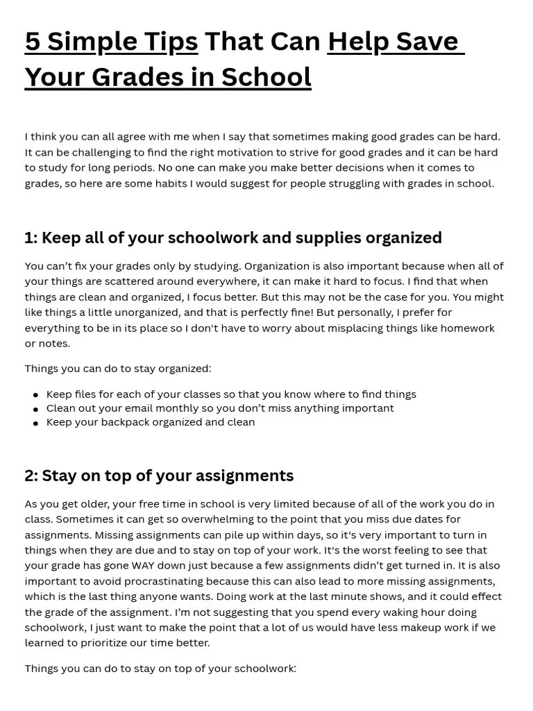5 Simple Tips That Can Save Your Grades in School PDF Homework