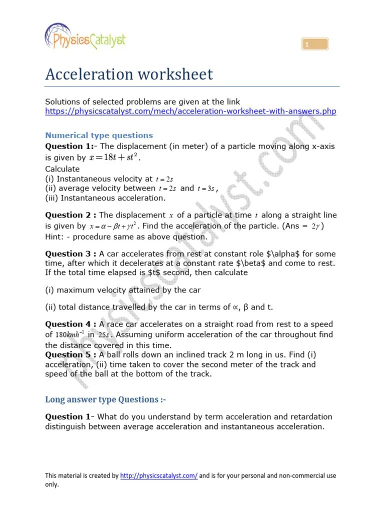 acceleration-worksheet | PDF | Acceleration | Temporal Rates