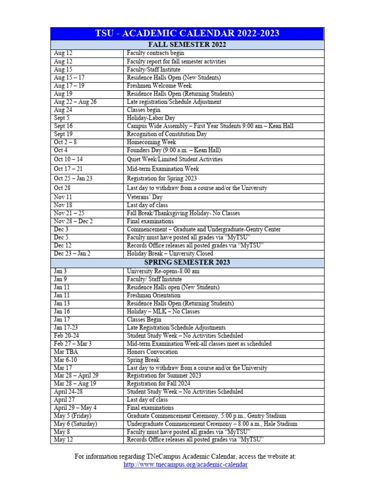 TSU Academic Calendar 20222023 PDF Academic Term Academia