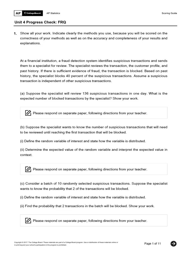 Unit 4 Progress Check Ap Stats Frq Pdf Expected Value Mean