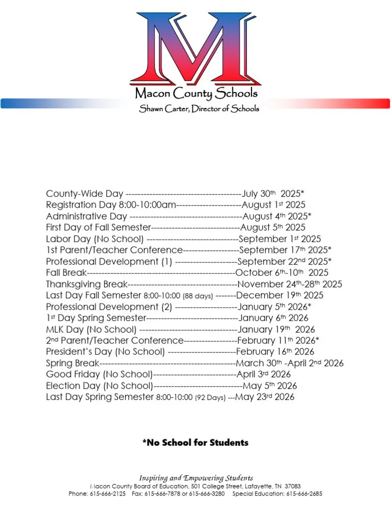 Macon County Schools 20252026 Calendar PDF