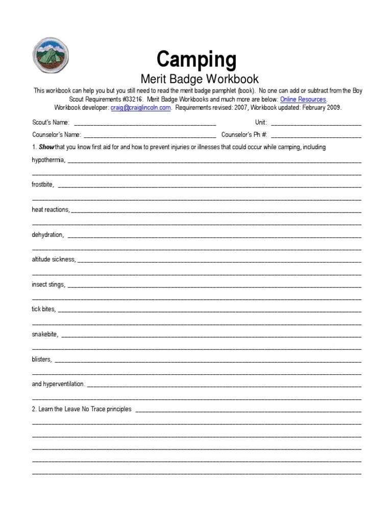 Camping Merit Badge Workbook Camping Backpacking (Wilderness)