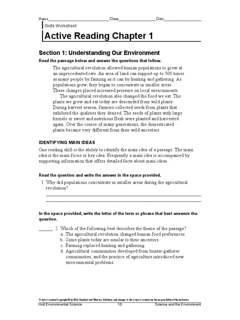 Active Reading Skills Worksheet Answer Key Understanding Our