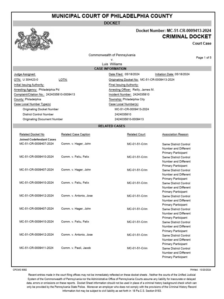 Philadelphia Criminal Docket Williams Case PDF Criminal Record Bail