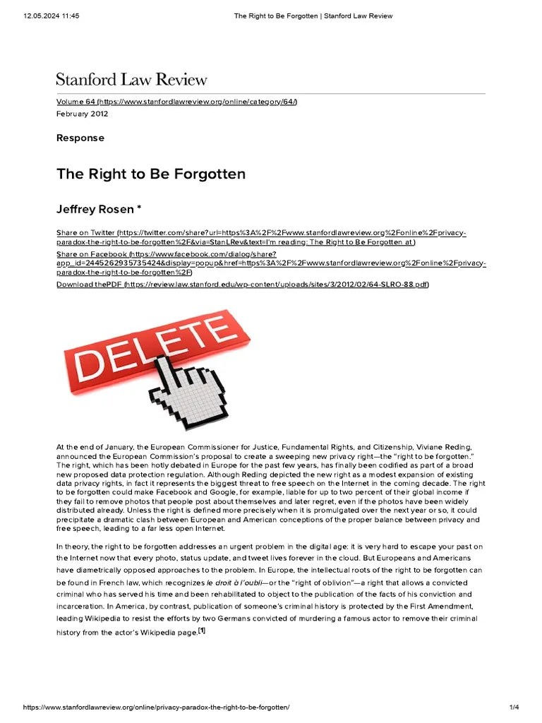 Jeffrey Rosen The Right To Be Stanford Law Review PDF