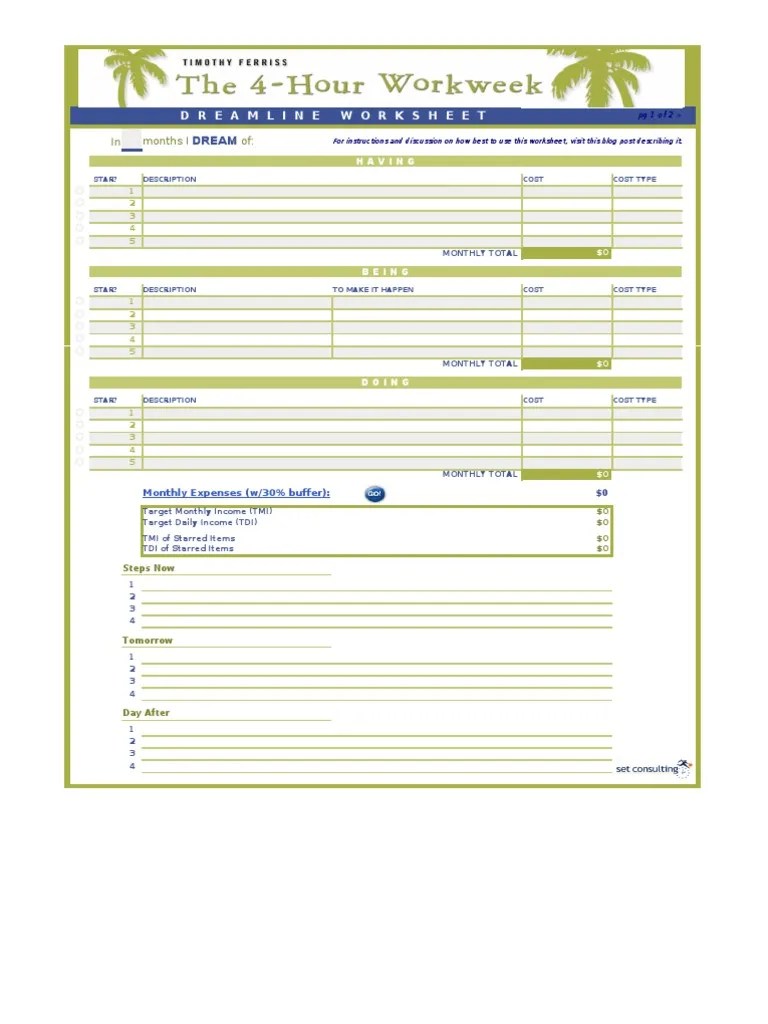 Tim Ferriss Dreamline Worksheet