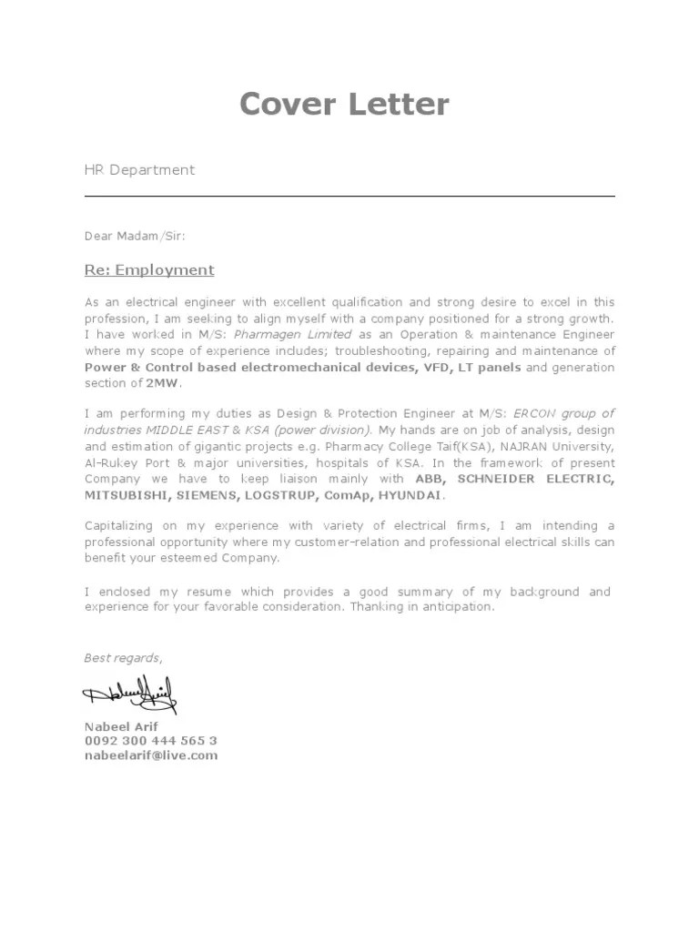 Nabeel Arif (Electrical Engineer) cover letter