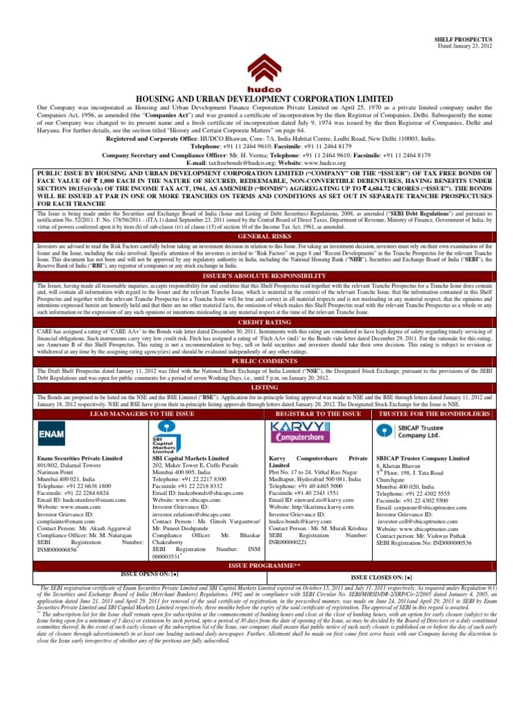HUDCO Tax Free Bonds Shelf Prospectus PDF Interest Bonds (Finance)