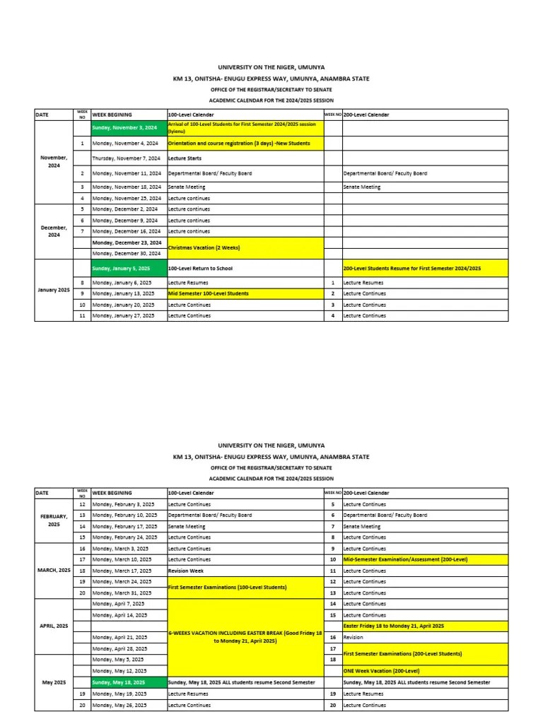 Uniniger First Semester Academic Calendar20242025 October 2620242 Columns1 PDF Academic Term Educational Organizations