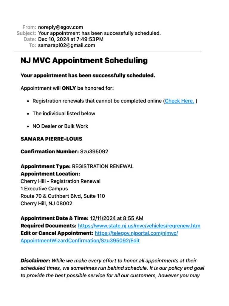 NJ MVC Registration Renewal Appointment PDF