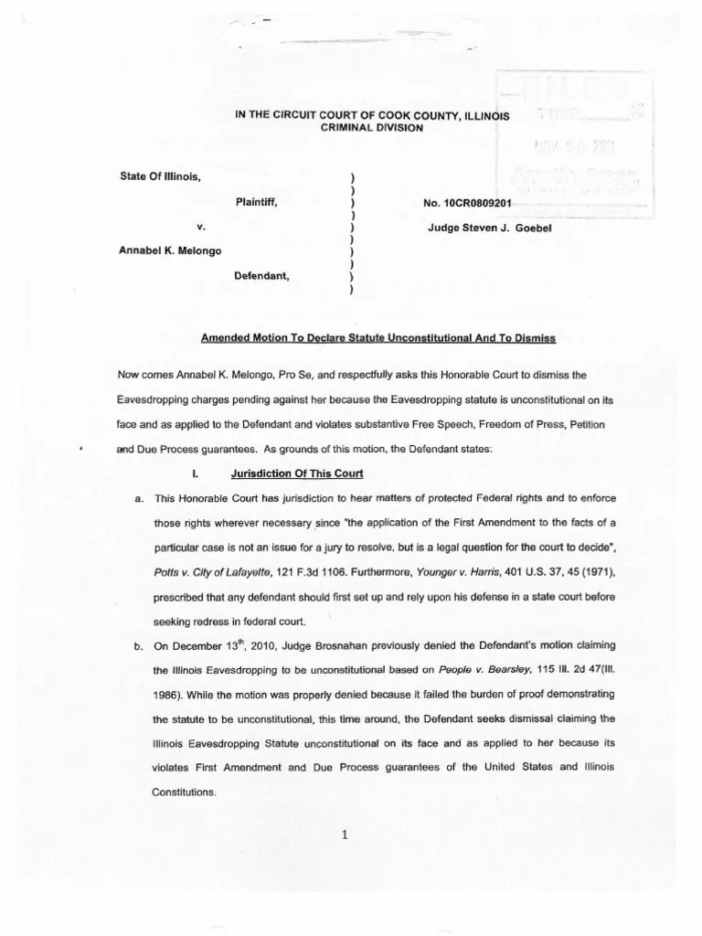 Amended Motion To Dismiss Illinois Eavesdropping Case First Amendment To The United States