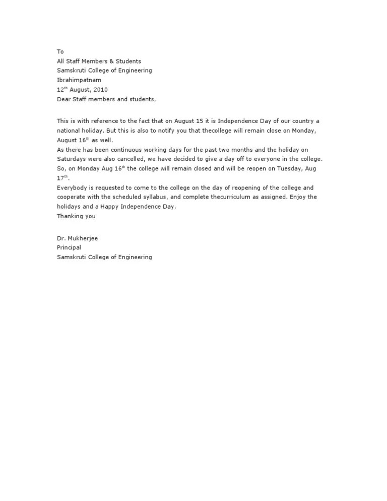 Download Holiday Notice Letter in Word Format