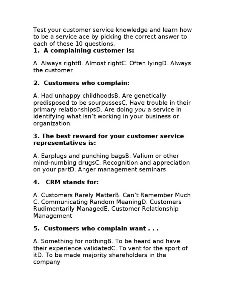Customer Service Quiz 1A Customer Relationship Management