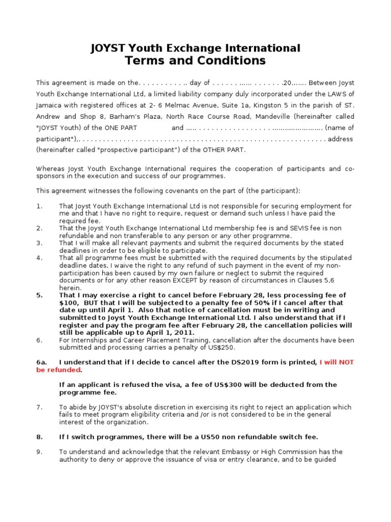 Terms and Conditions Travel Visa Fee