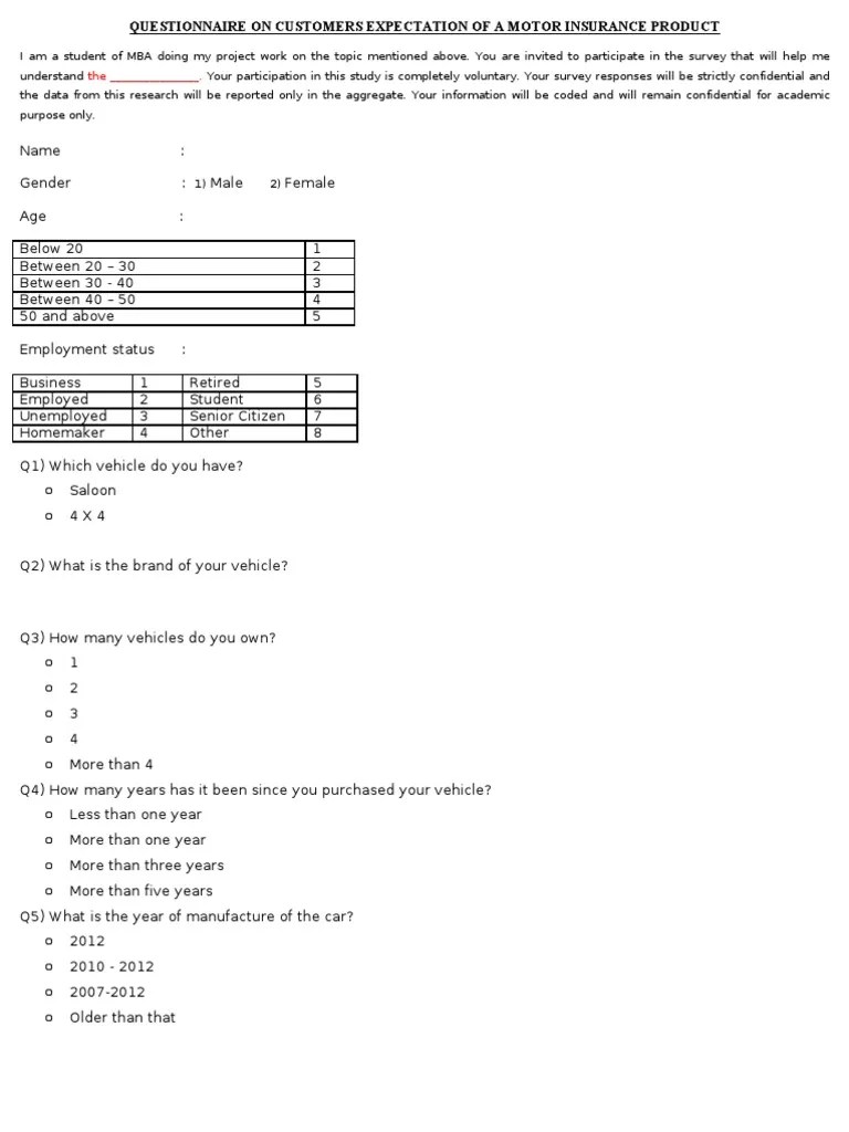 Motor Insurance Questionnaire Car Rental Insurance