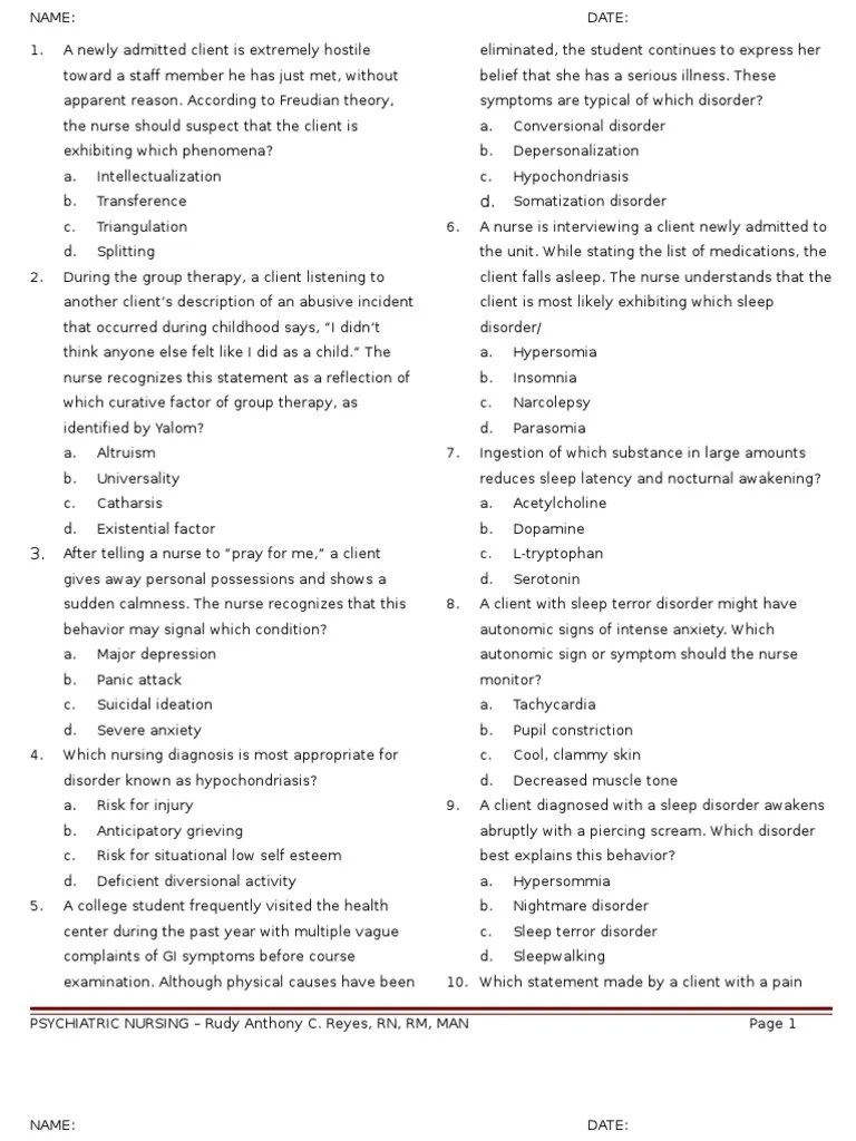 Psychiatric Nursing2 Questions) Mania Bipolar Disorder