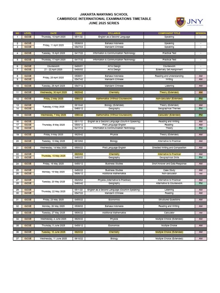 Cambridge International Examinations June 2025 Series IGCSE Timetable PDF