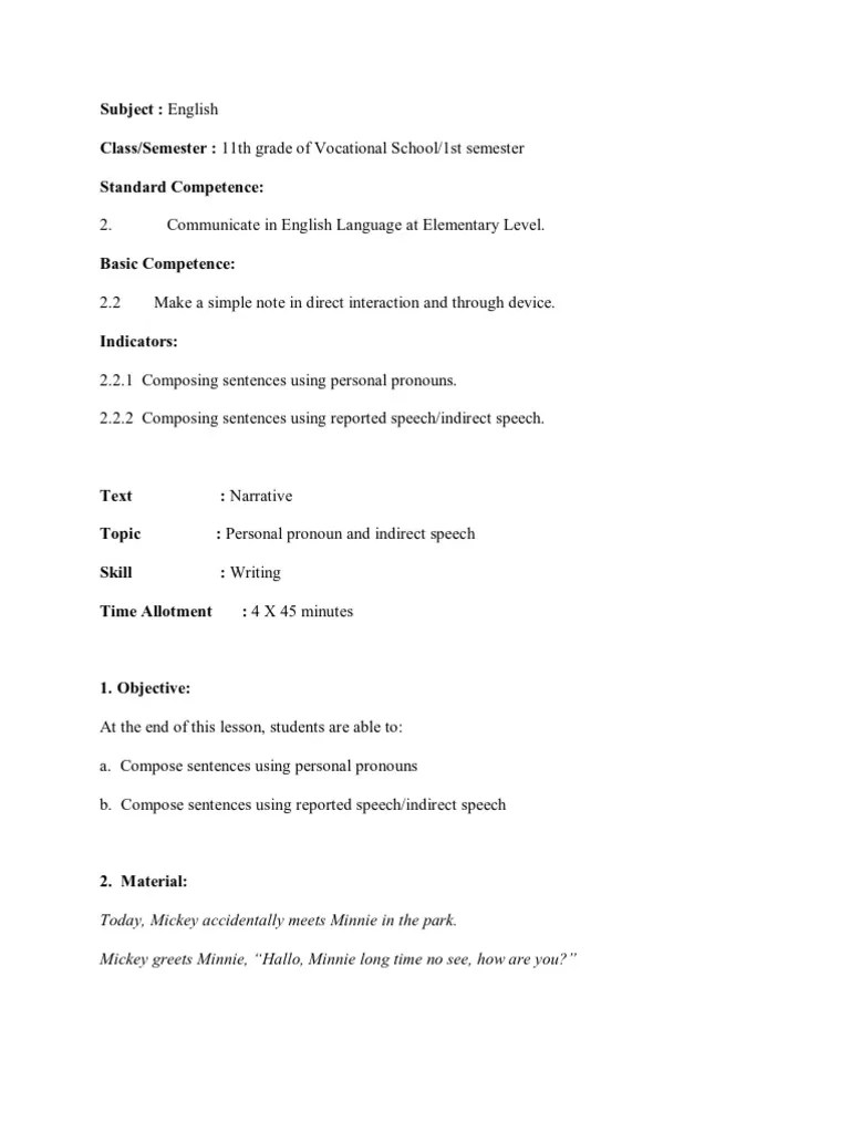 Rpp Reported Speech English Language Style (Fiction) Prueba