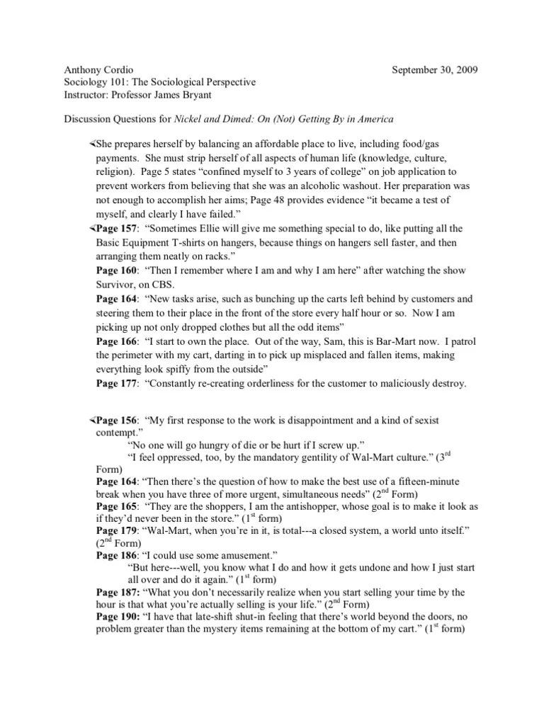 Sociology Nickel and Dimed Questions PDF