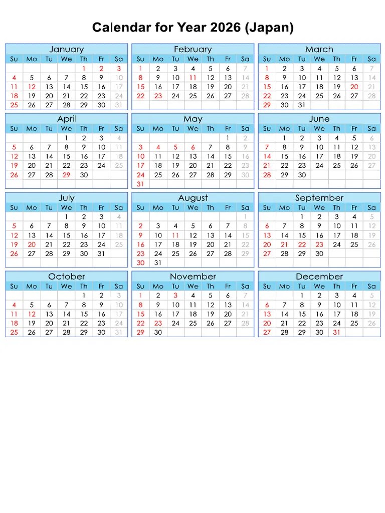 Year 2026 Calendar Japan PDF