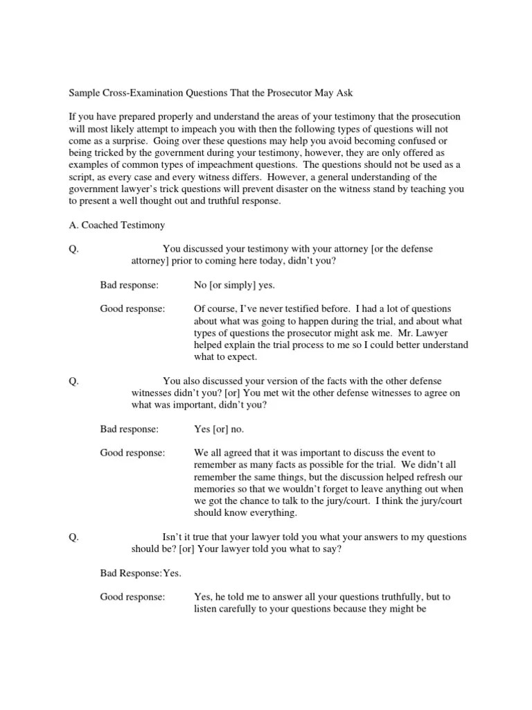 Sample Cross Examination Questions PDF Cross Examination Witness
