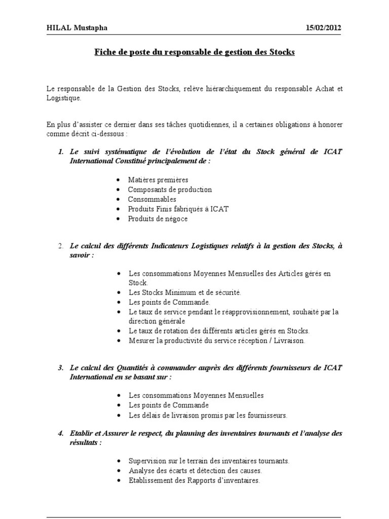 Fiche de Poste Du Gestionnaire de Stock