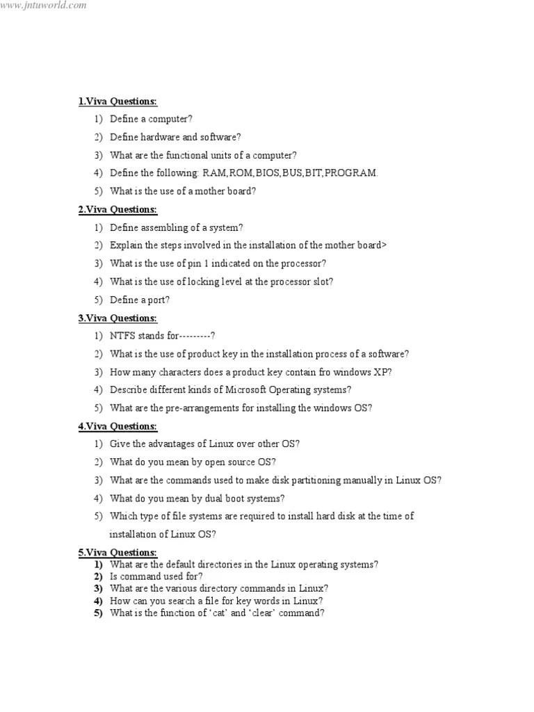 WT Viva Questions Operating System Microsoft Excel