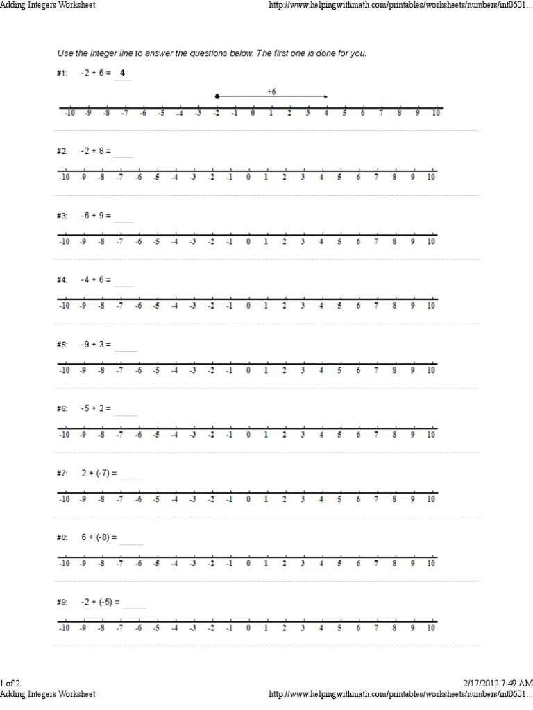 Adding Integers Worksheet