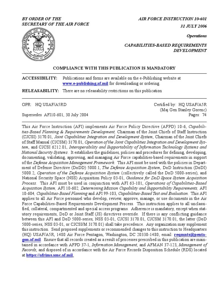 AFI 10601, CapabilitiesBased Requirements Development PDF United