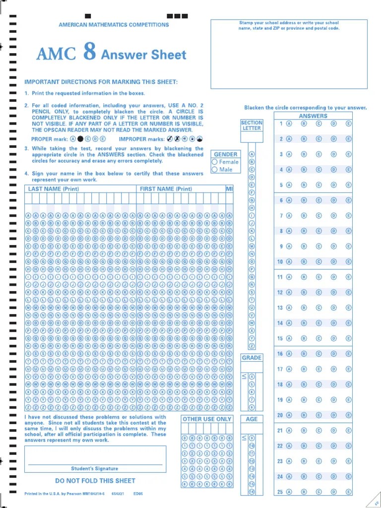AMC 8 Answer Sheet PDF
