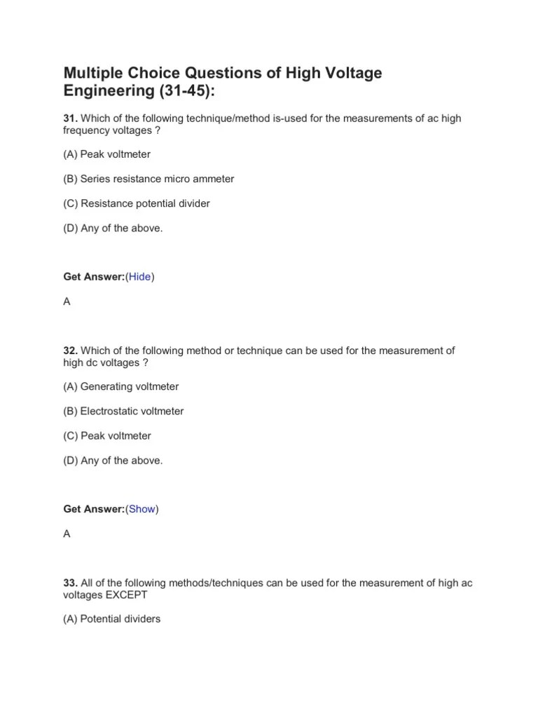 High Voltage Engineering MCQs Electrical Breakdown