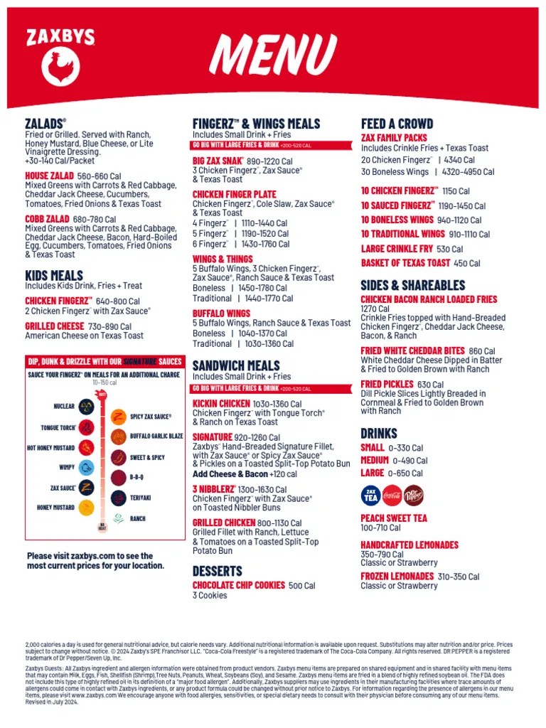 Zaxby's Menu with Prices and Nutrition | PDF | Food Allergy | Coleslaw