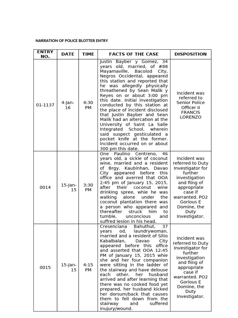 Police Blotter Incident Reports Pdf