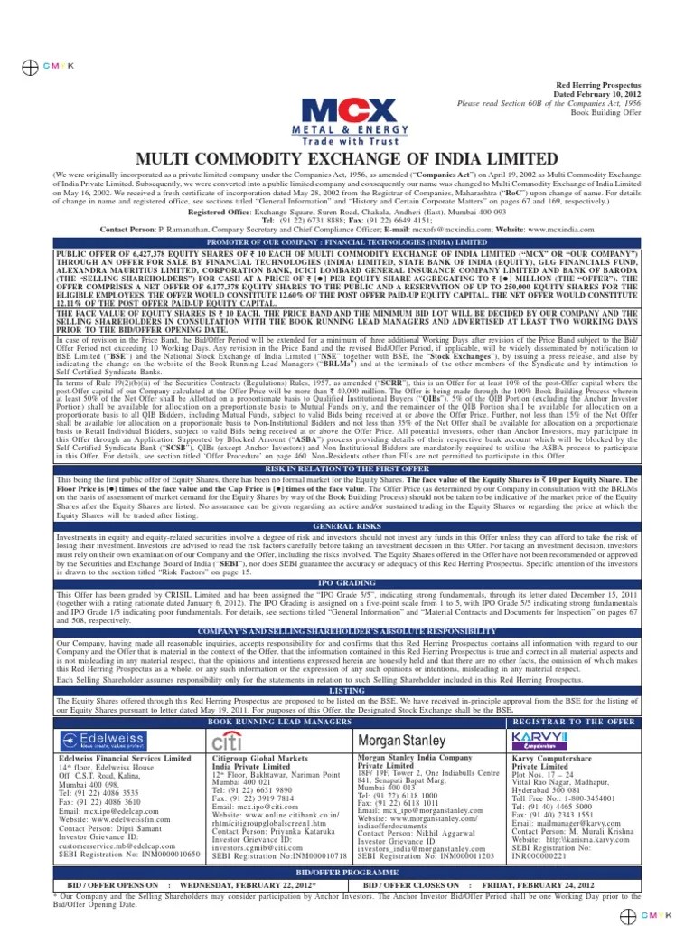 IPO MCX Prospectus Stocks Securities (Finance) Free 30day