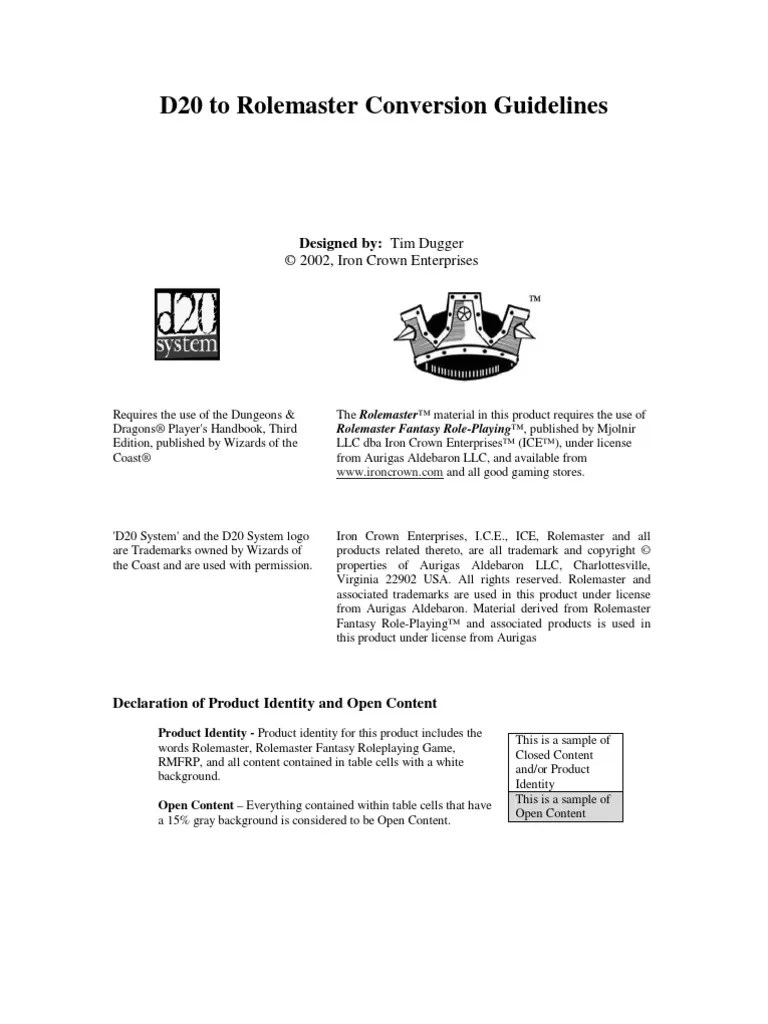 Dugger.D20 to Role Master Conversion Dwarf (Dungeons & Dragons