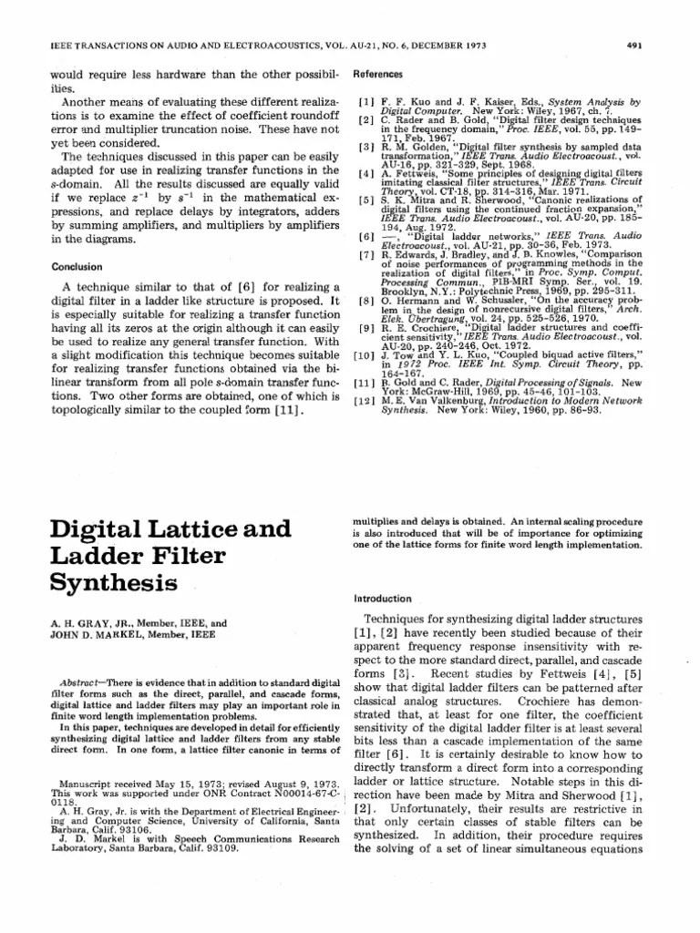 Digital Lattice and Ladder Filter Synthesis Z' I Ee PDF Sequence