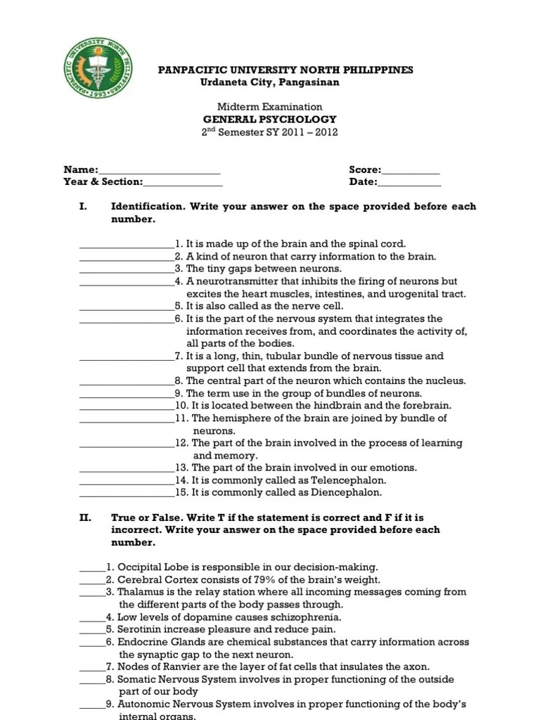 General Psychology Midterm Exam Brain Nervous System