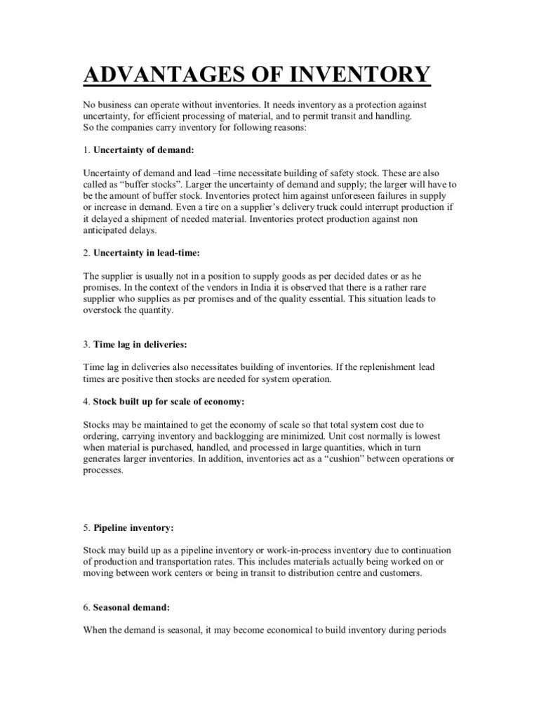 Advantages and Disadvantages of Inventory PDF Inventory Economies