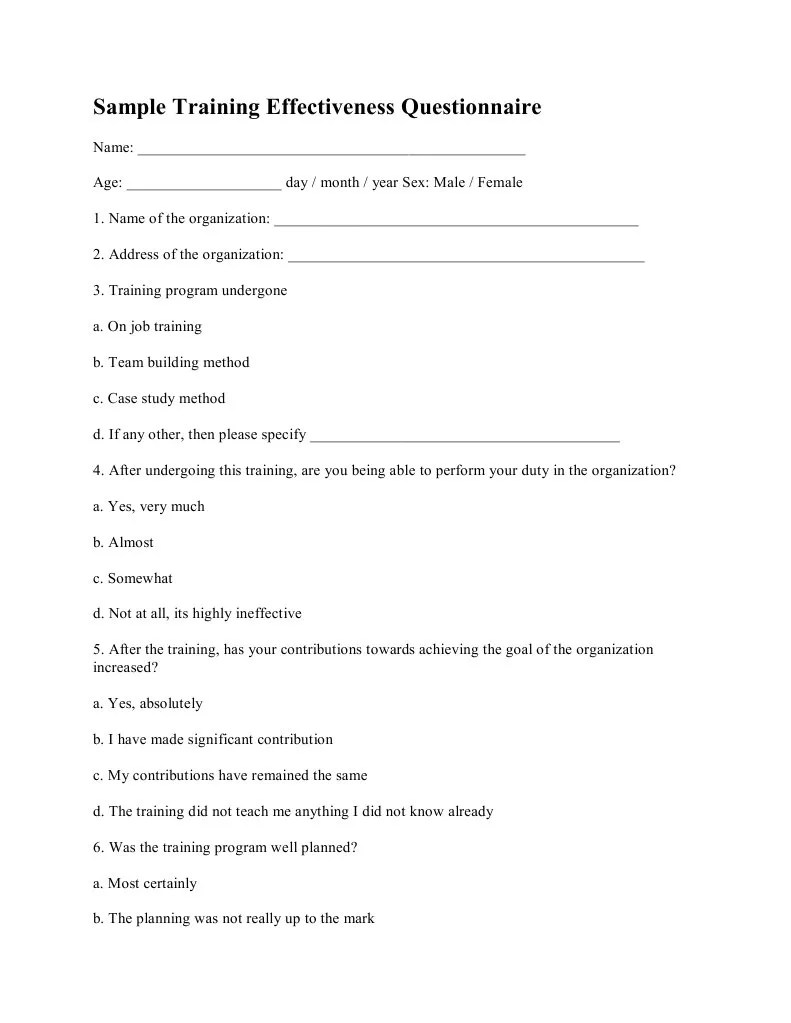 Sample Training Effectiveness Questionnaire Cognition Psychology & Cognitive Science