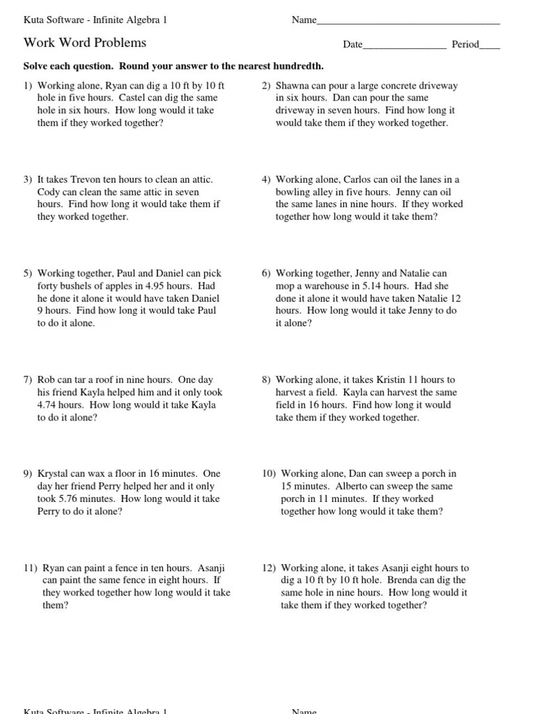 Kuta Software Work Word Problems Algebra Physics & Mathematics