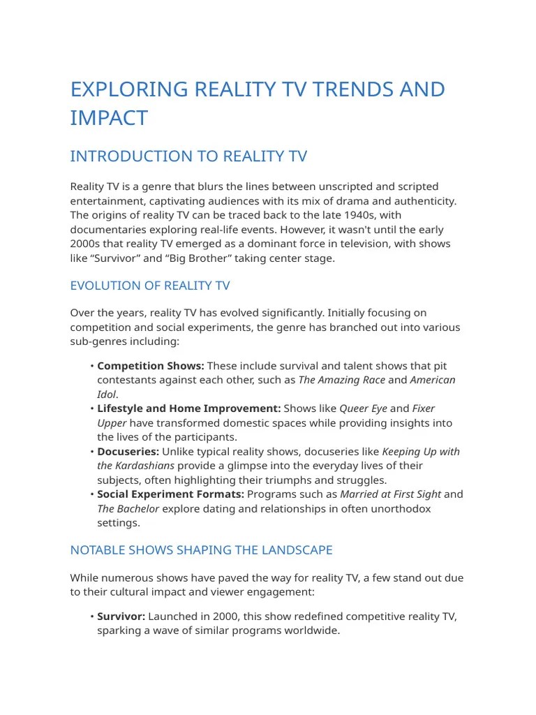 Reality TV Trends and Cultural Impact PDF Reality Television Reality