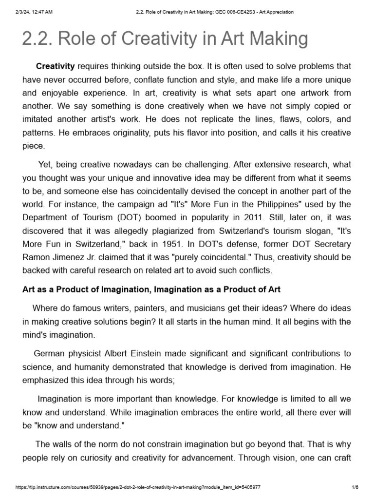 Creativitys Role In Art Making Pdf The Arts Imagination