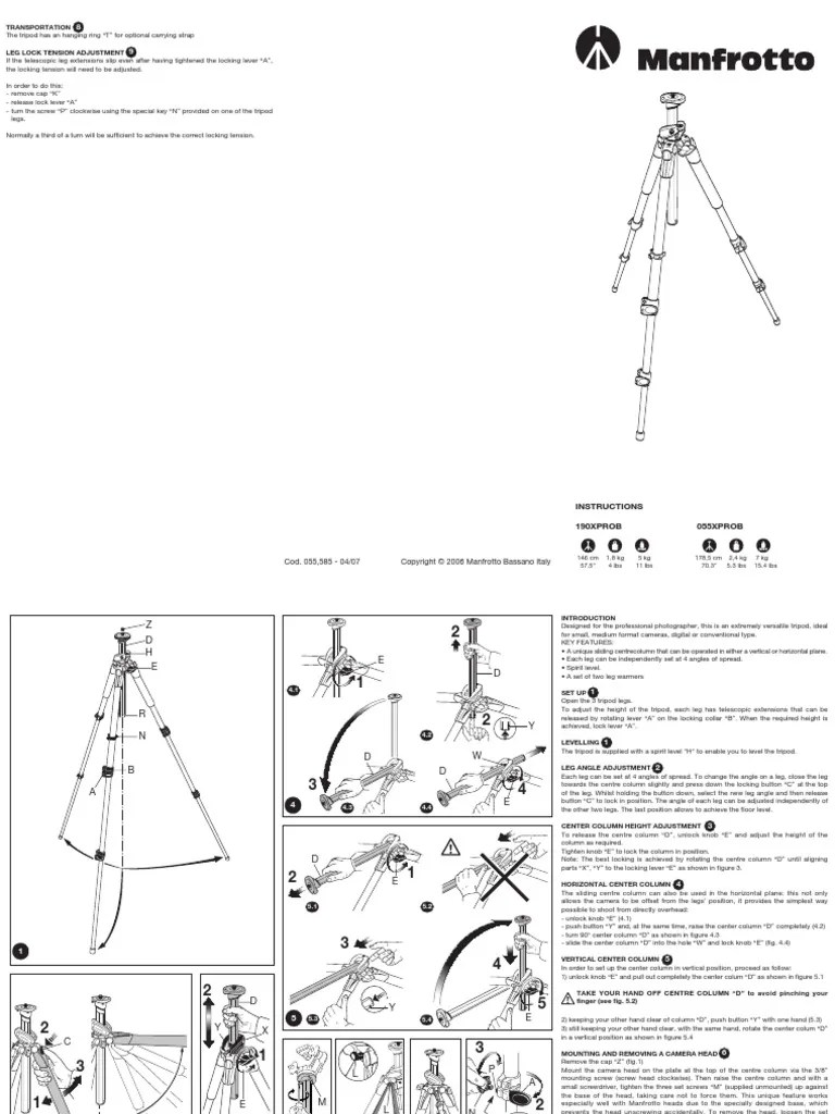 Manfrotto Tripod 190 Xprob User's Manual Tripod (Photography