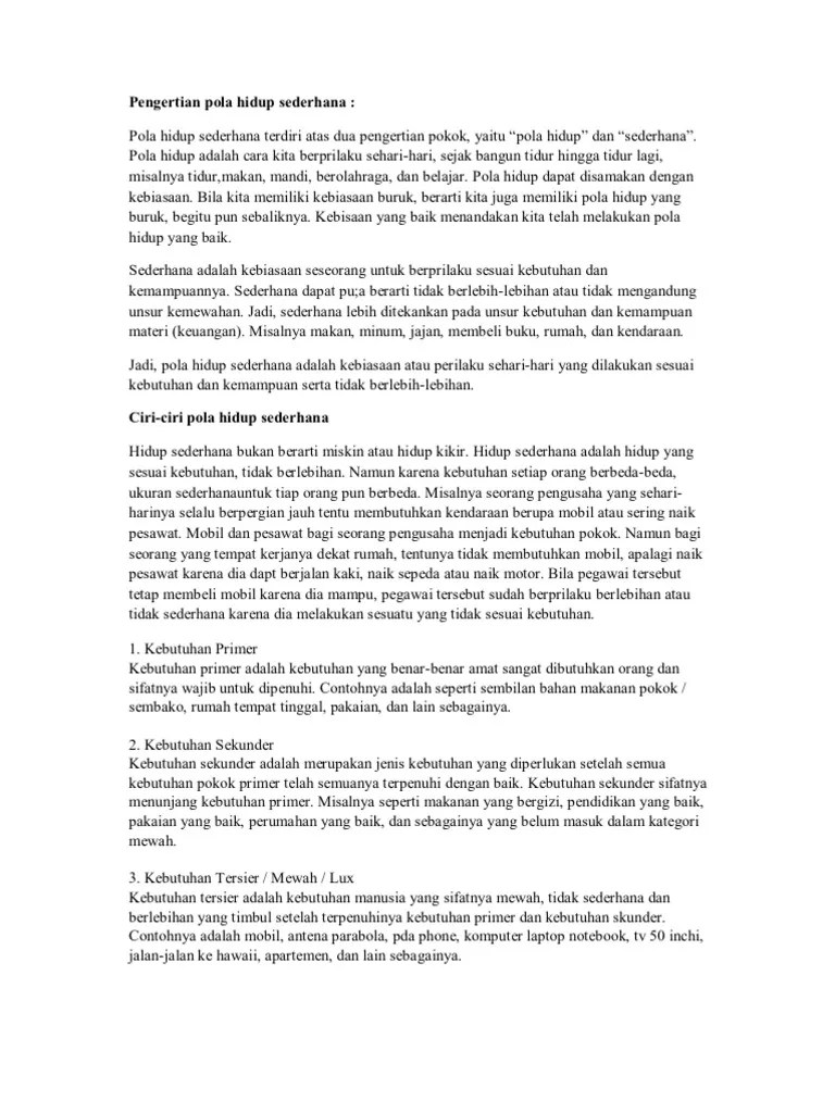 Pengertian Pola Hidup Sederhana