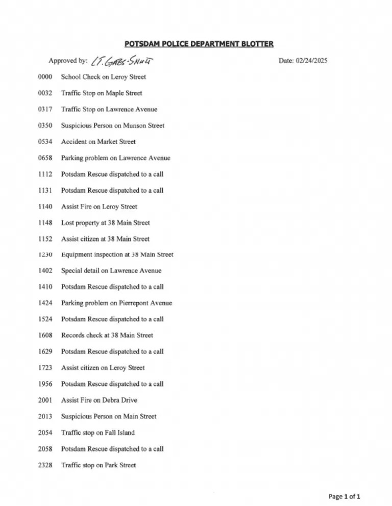 Potsdam Village Police Dept. blotter Feb. 24, 2025 PDF(02)