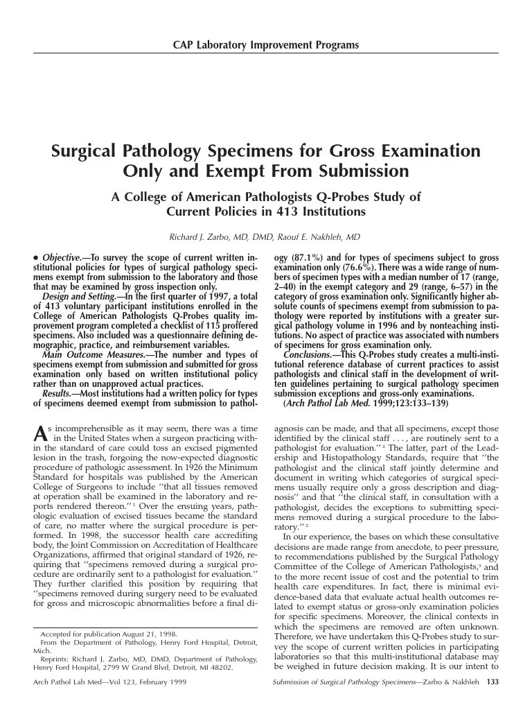 Pathology Specimens For Gross Exam Only and Exempt From Submission A