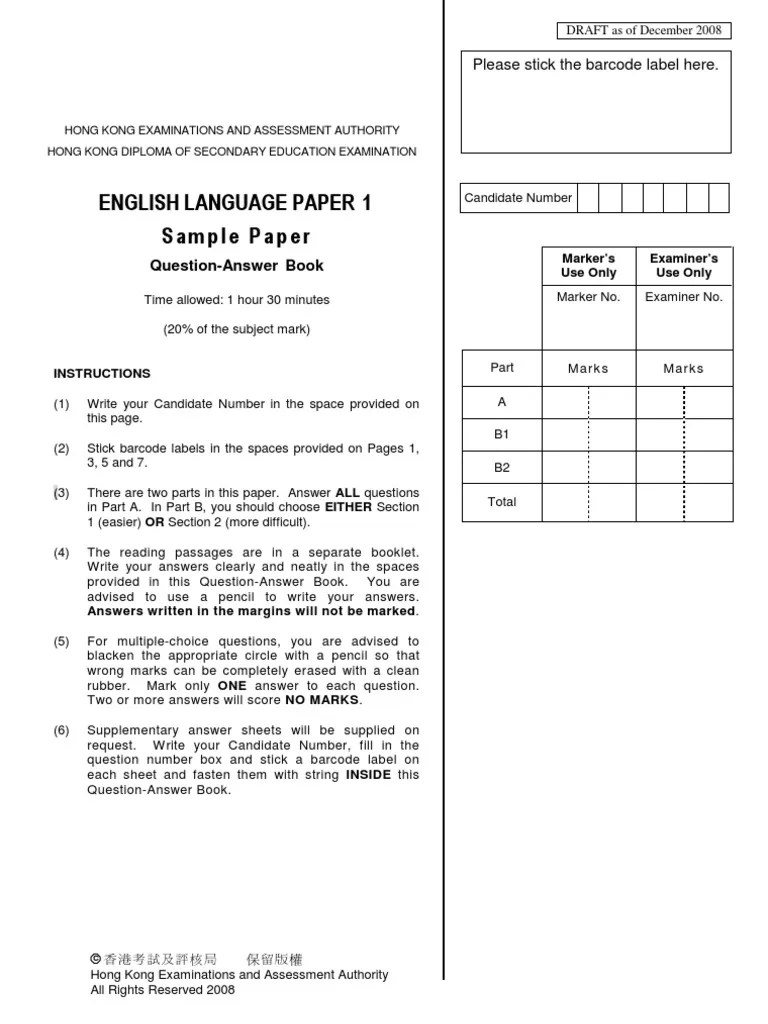 1.1.3. HKDSE Eng Sample Paper Hong Kong Educational Assessment