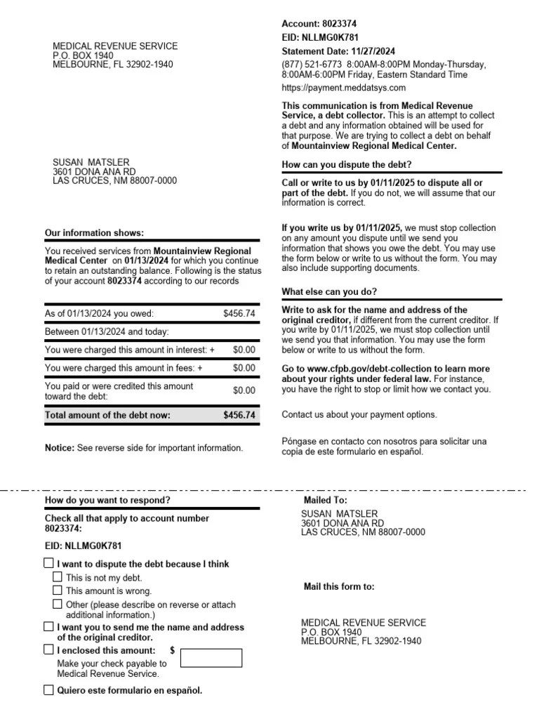 Medical Debt Collection Notice PDF Personal Finance Liability