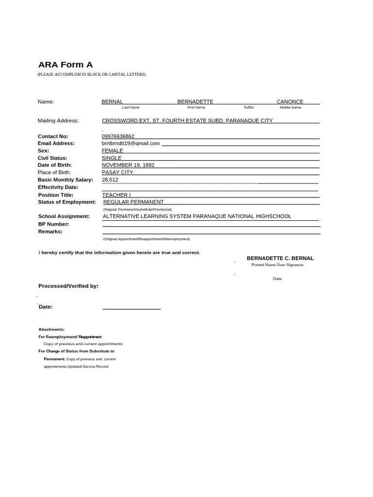 ARA Form A for Teacher Employment PDF