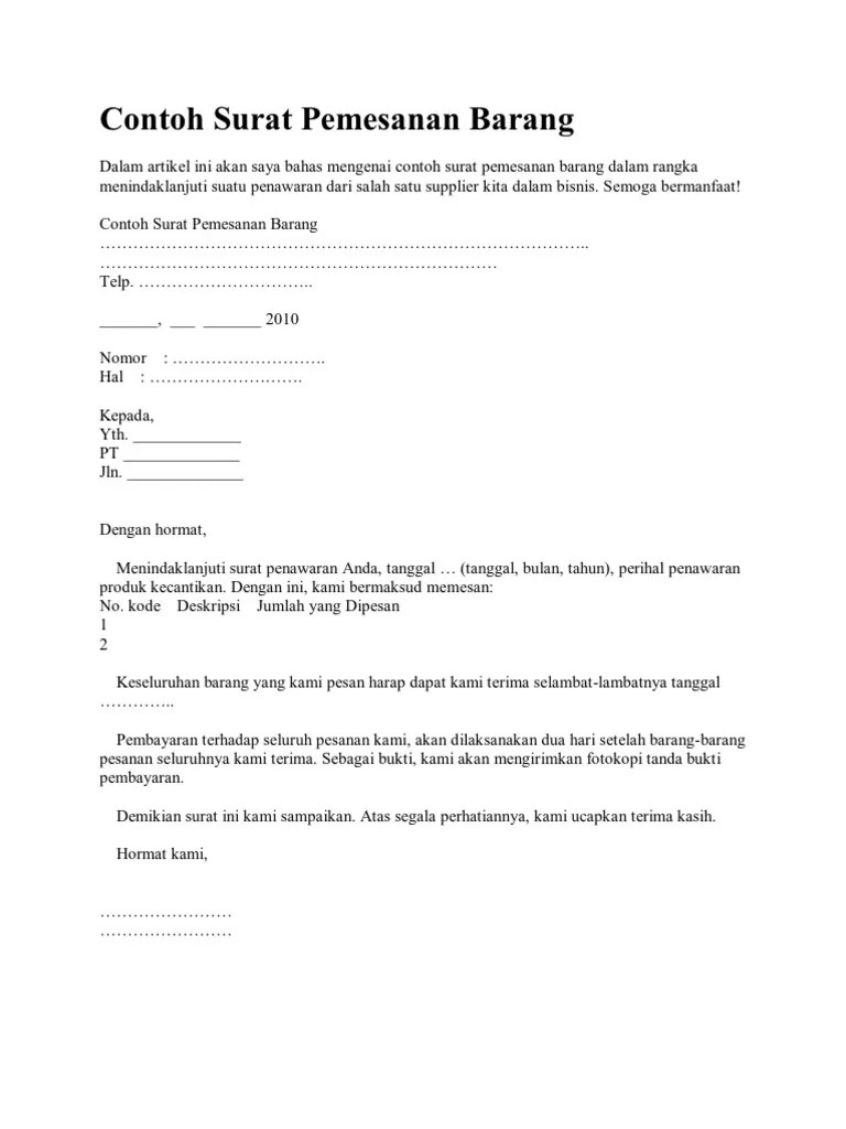 Contoh Surat Niaga Pemesanan Barang - Nusagates